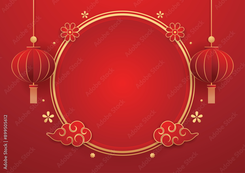 Happy Chinese new year 2025. Chinese new year banner with circle for show product. Greeting card. China frame with lantern on red background. Happy Chinese new year 2025. Chinese new year banner with circle for show product. Greeting card. China frame with lantern on red background.