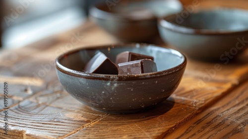 Chocolate pieces in a rustic bowl photo