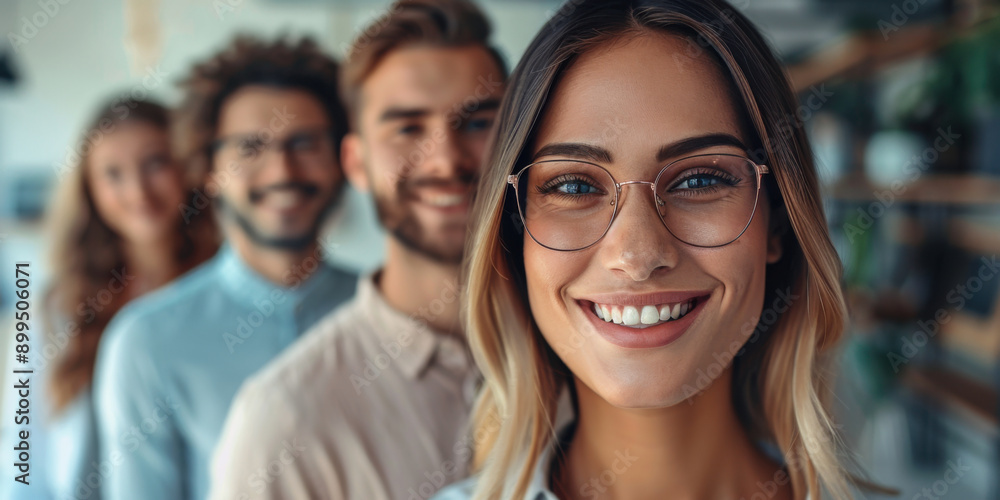 Group of smiling young professionals posing for a group photo in an office setting, showcasing teamwork and diversity. Group of smiling young professionals posing for a group photo in an office setting, showcasing teamwork and diversity.