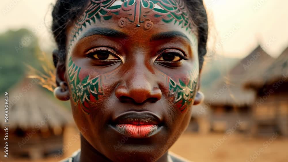 A woman with green and brown face paint. She has a serious expression on her face. The painting is done in a tribal style A woman with green and brown face paint. She has a serious expression on her face. The painting is done in a tribal style