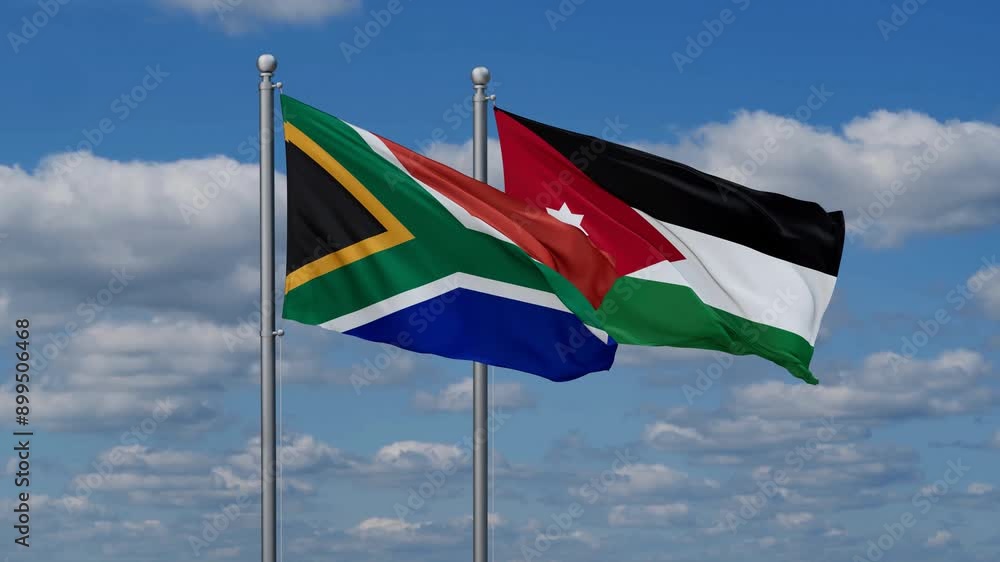 Jordan and South Africa flags flying together, video concept of the relationship, two country relations concept Jordan and South Africa flags flying together, video concept of the relationship, two country relations concept