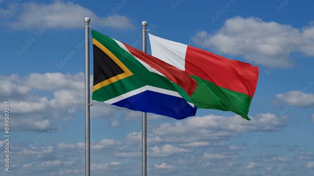 Madagascar and South Africa flags flying together, video concept of the relationship, two country relations concept Madagascar and South Africa flags flying together, video concept of the relationship, two country relations concept