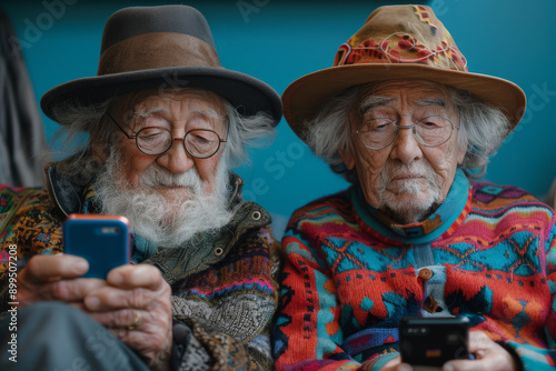 Elderly people in bright clothes look at a smartphone. Aged people use the gadget, messengers and social networks photo