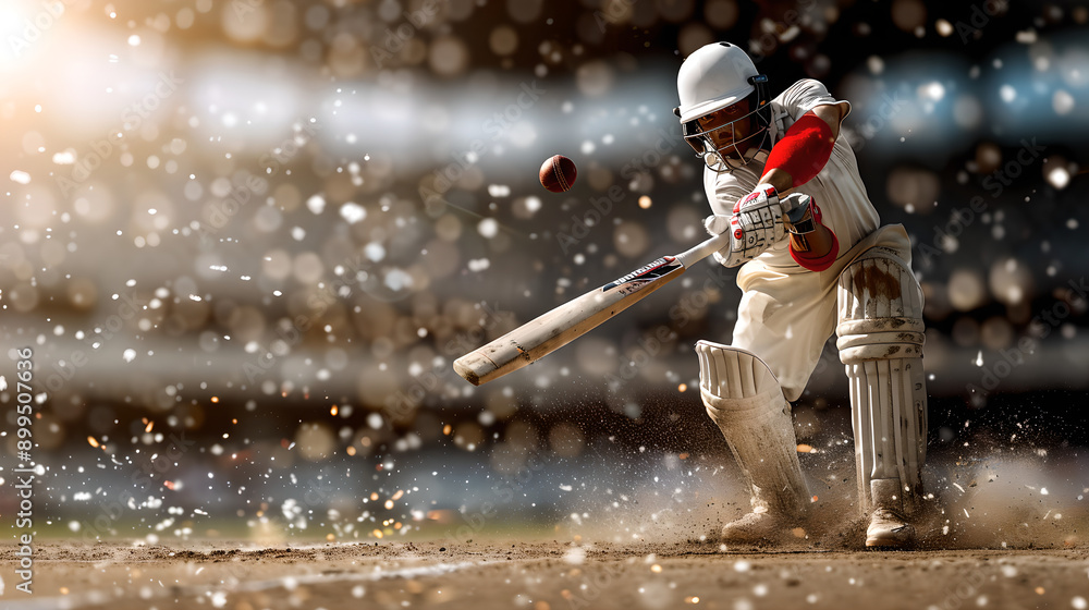 Cricket batsman hitting ball in dramatic action shot Cricket batsman hitting ball in dramatic action shot