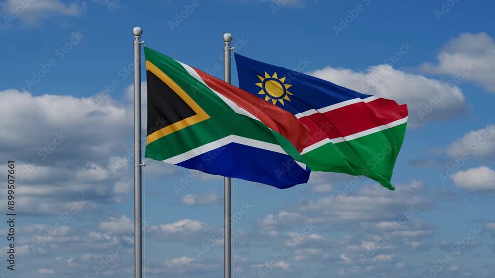 South Africa and Namibia flags flying together, video concept of the relationship, two country relations concept South Africa and Namibia flags flying together, video concept of the relationship, two country relations concept