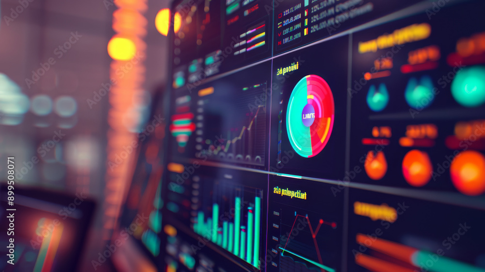 A vibrant display of financial data and analytics on a screen fills the frame, showcasing colorful graphics and detailed statistics. A vibrant display of financial data and analytics on a screen fills the frame, showcasing colorful graphics and detailed statistics.
