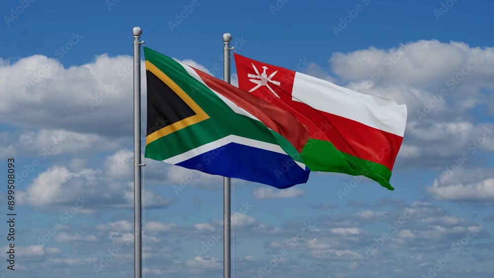 Oman and South Africa flags flying together, video concept of the relationship, two country cooperation concept Oman and South Africa flags flying together, video concept of the relationship, two country cooperation concept