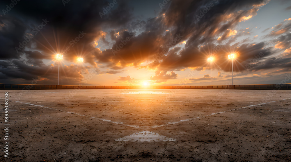Obraz premium Dramatic sunset over empty parking lot with streetlights