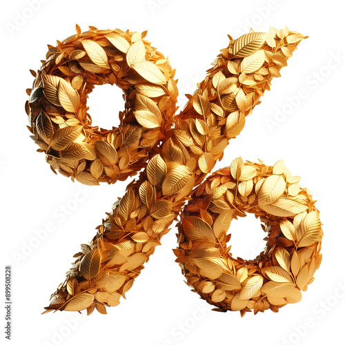 The Percent sign, percentage, made of golden leaves isolated on transparent background, png.