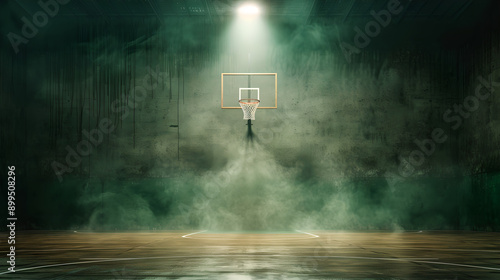 Atmospheric Basketball Court in Misty Green Light