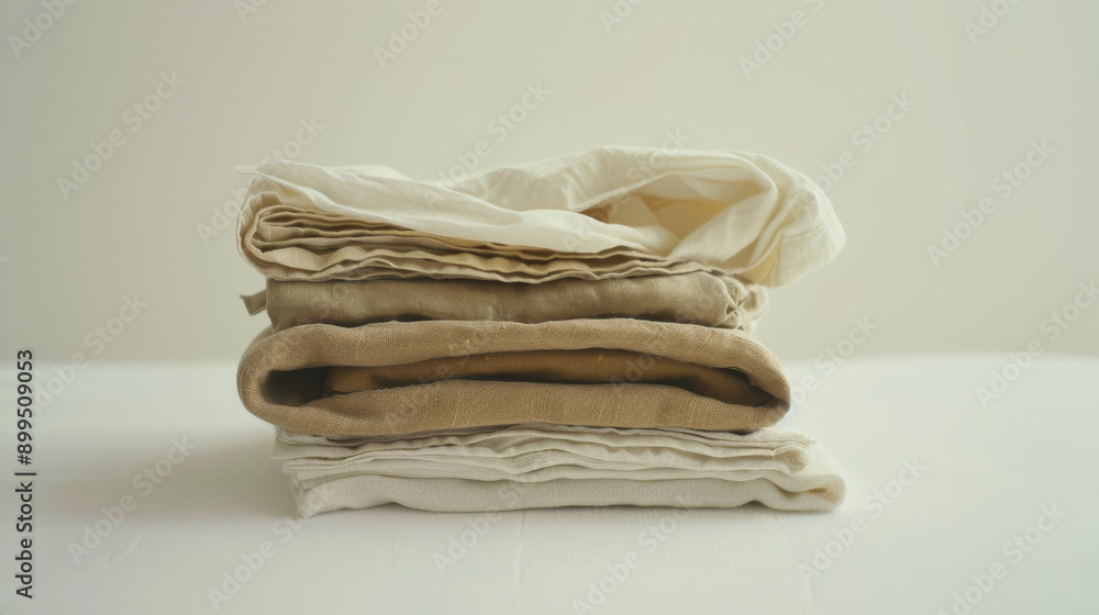 A neatly folded stack of beige and white linens sits on a bed, infused with a sense of cleanliness and minimalism. A neatly folded stack of beige and white linens sits on a bed, infused with a sense of cleanliness and minimalism.