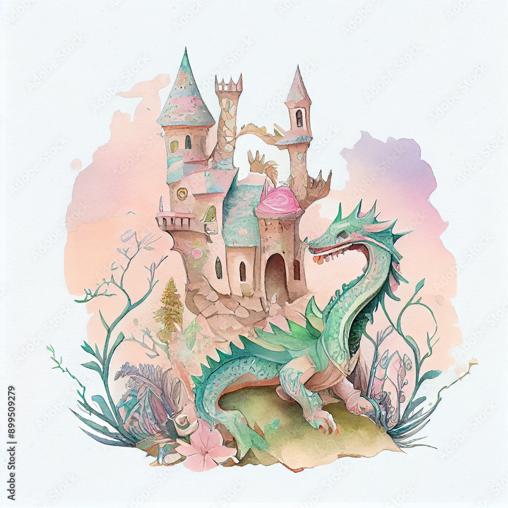 Fototapeta premium Watercolor Dragon Illustration, generative ai