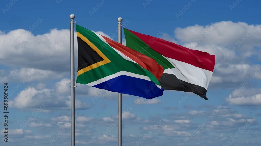 Sudan and South Africa flags flying together, video concept of the relationship, two country cooperation concept Sudan and South Africa flags flying together, video concept of the relationship, two country cooperation concept