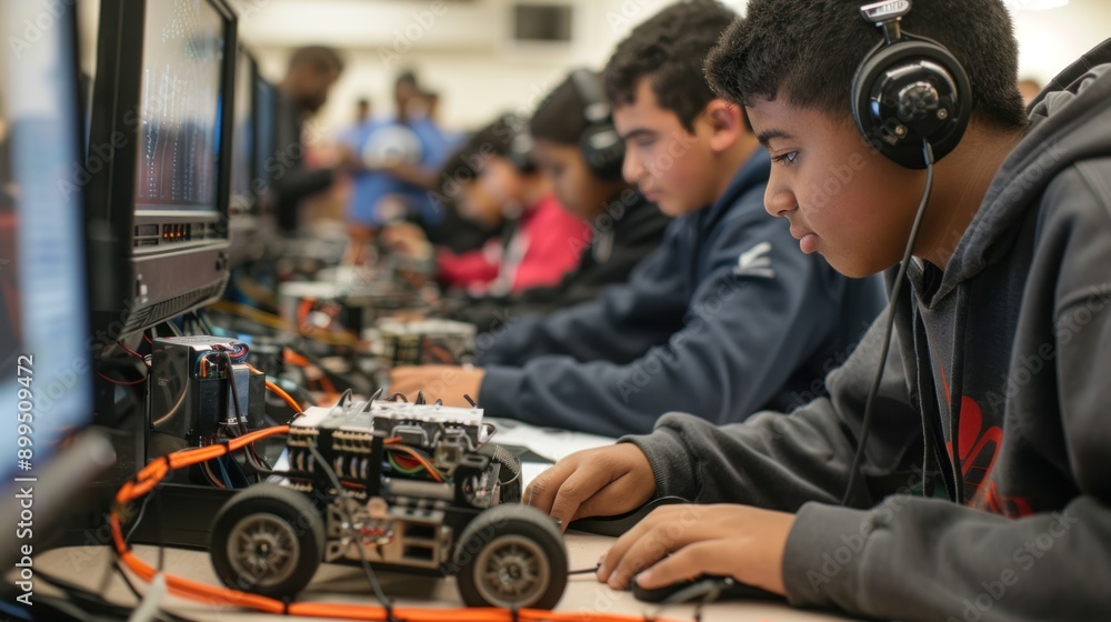 A group of students studies the structure of a robot car using computer technology.