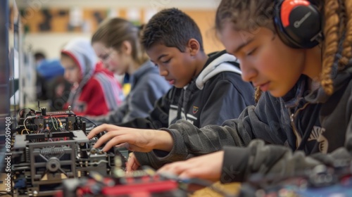 A group of students studies the structure of a robot car using computer technology.