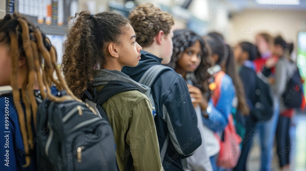 Groups of male and female high school students line up in an orderly fashion to receive their lunch at the school cafeteria. Groups of male and female high school students line up in an orderly fashion to receive their lunch at the school cafeteria.
