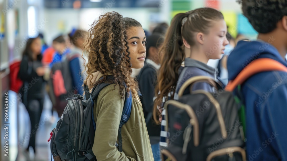 Groups of male and female high school students line up in an orderly fashion to receive their lunch at the school cafeteria. Groups of male and female high school students line up in an orderly fashion to receive their lunch at the school cafeteria.