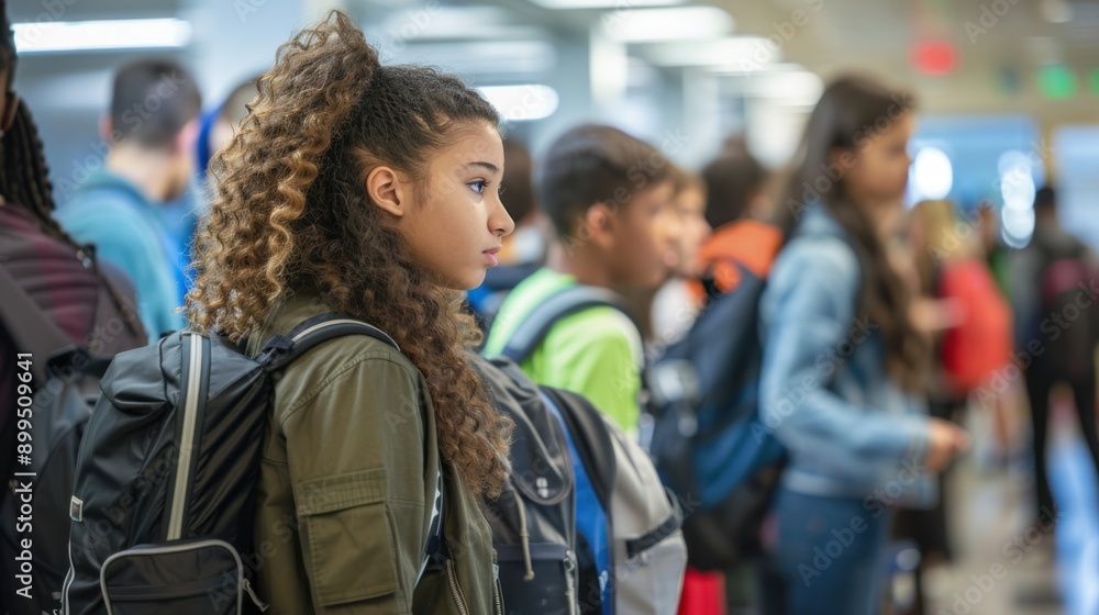 Groups of male and female high school students line up in an orderly fashion to receive their lunch at the school cafeteria. Groups of male and female high school students line up in an orderly fashion to receive their lunch at the school cafeteria.