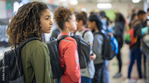 Groups of male and female high school students line up in an orderly fashion to receive their lunch at the school cafeteria.