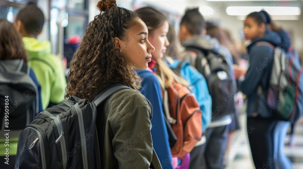 Groups of male and female high school students line up in an orderly fashion to receive their lunch at the school cafeteria. Groups of male and female high school students line up in an orderly fashion to receive their lunch at the school cafeteria.