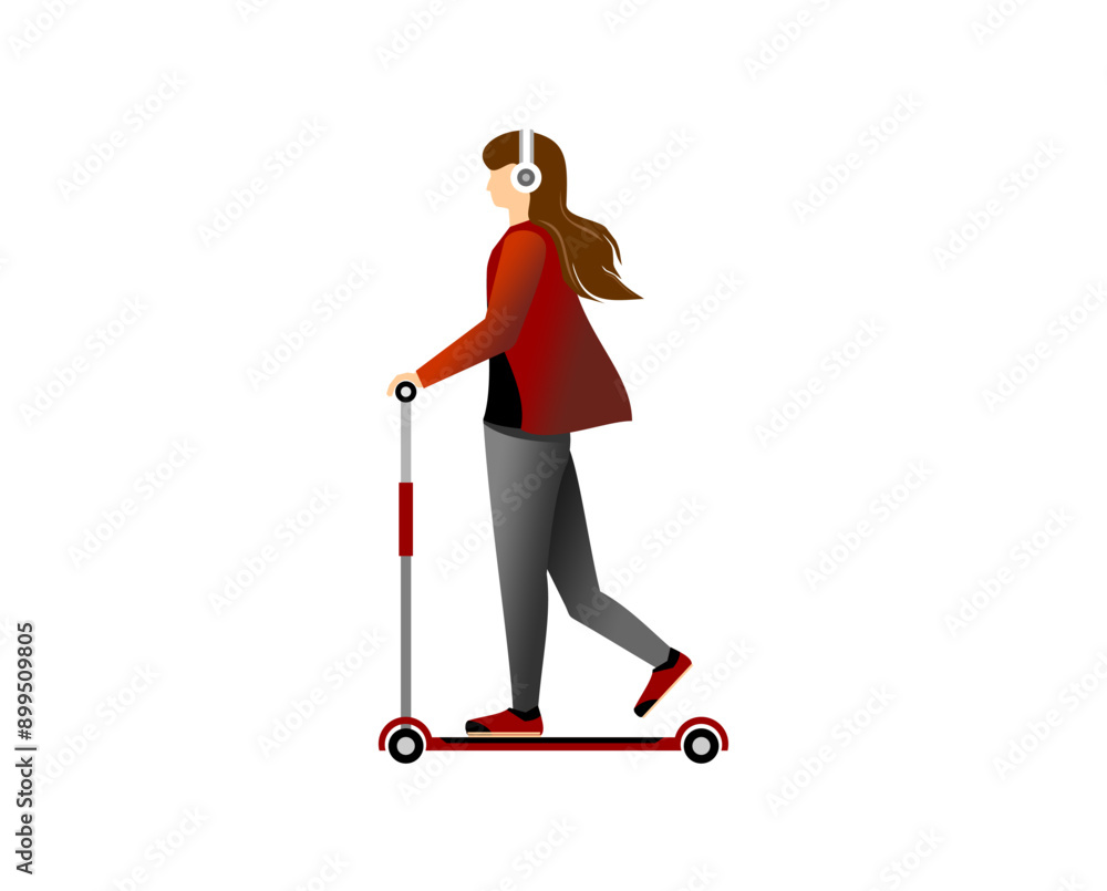 Cute girl riding scooter wear headphone Cute girl riding scooter wear headphone