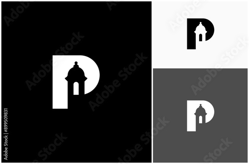 Initial Letter P El Morro Fort Fortress Castle Bartizan Castillo Vector Logo Design Illustration photo