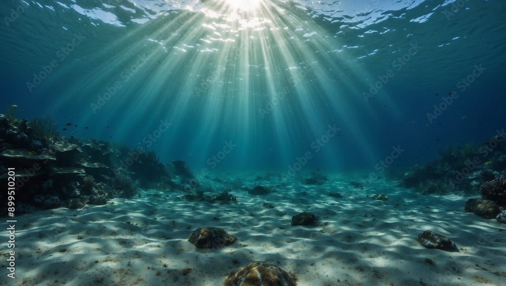 Fototapeta premium Sun rays penetrating crystal-clear underwater scene.