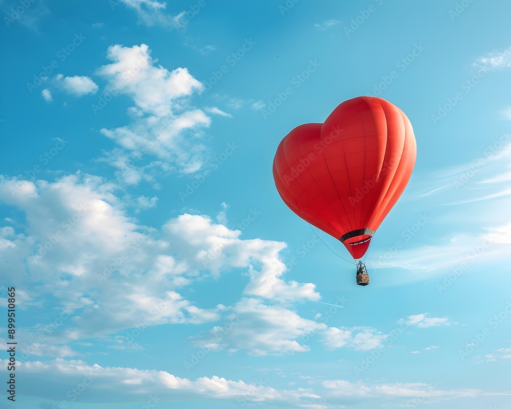 Fototapeta premium Heart Shaped Hot Air Balloon Soaring in Vibrant Blue Sky with Clouds Romantic Adventure Concept