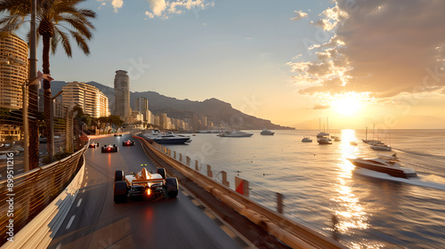 Formula One Race in Monaco at Sunset