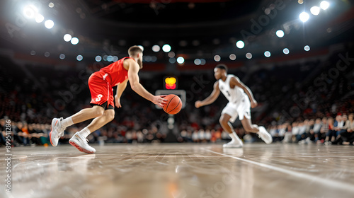 Intense Basketball Duel in Illuminated Arena