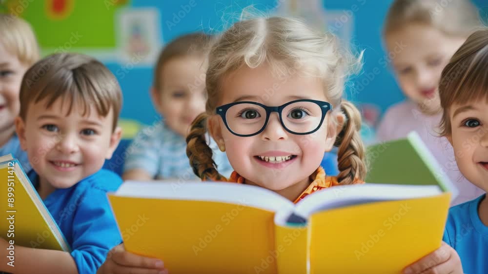 Children in a kindergarten classroom hold books in their hands, surrounded by cozy interior decor Children in a kindergarten classroom hold books in their hands, surrounded by cozy interior decor