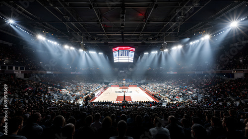 Packed Basketball Arena with Dramatic Lighting