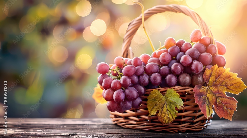 A basket of fresh grapes with leaf on wooden table with abstract bokeh minimalist background. Full body view of basket A basket of fresh grapes with leaf on wooden table with abstract bokeh minimalist background. Full body view of basket