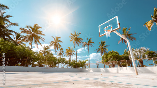 Tropical Basketball Court with Palm Trees and Sunlight