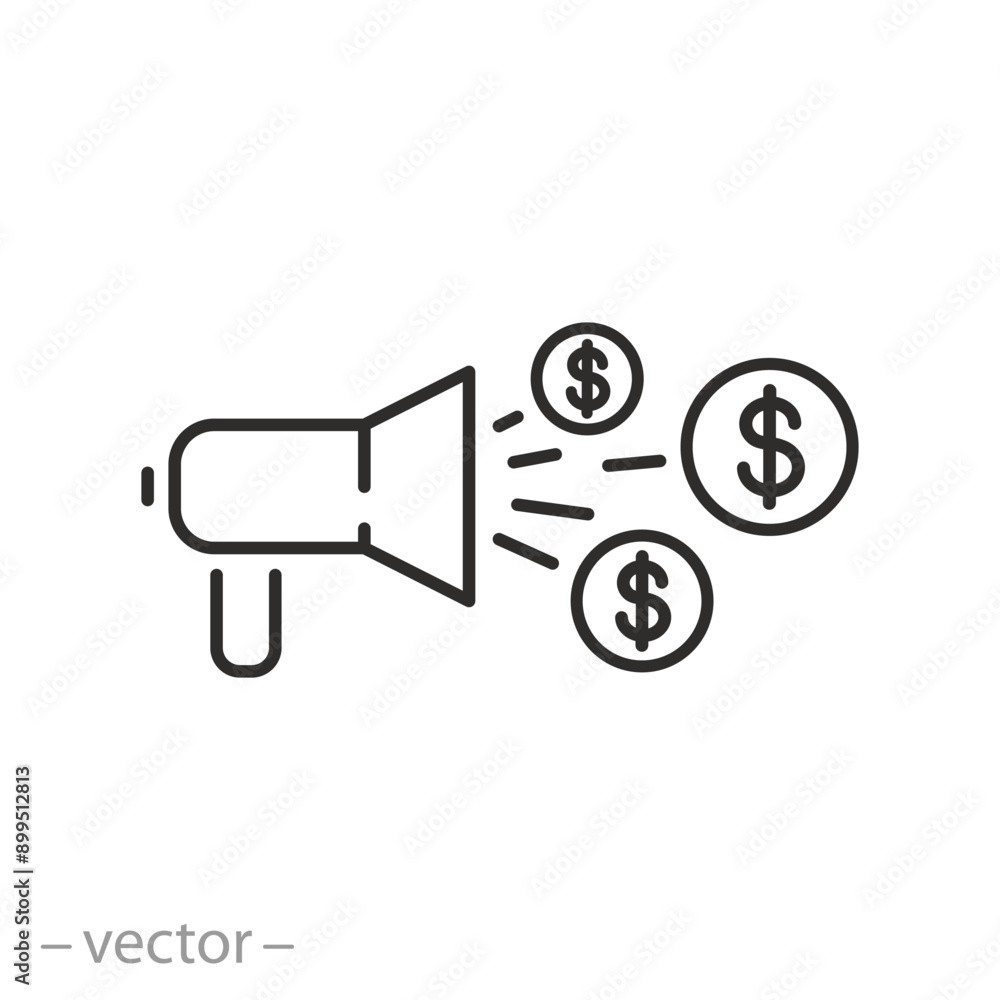 megaphone with dollar coins icon, loudspeaker forbusiness marketing, money save, line vector illustration megaphone with dollar coins icon, loudspeaker forbusiness marketing, money save, line vector illustration