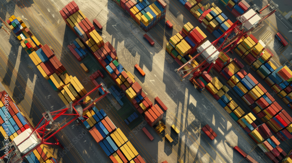 An aerial view of a bustling container port with colorful shipping containers being loaded and unloaded, capturing the dynamic energy of global trade. An aerial view of a bustling container port with colorful shipping containers being loaded and unloaded, capturing the dynamic energy of global trade.