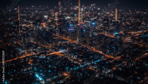 Nighttime Cityscape: A mesmerizing aerial view of a bustling city at night, illuminated by a tapestry of streetlights and skyscrapers, creating a vibrant and captivating urban landscape. 