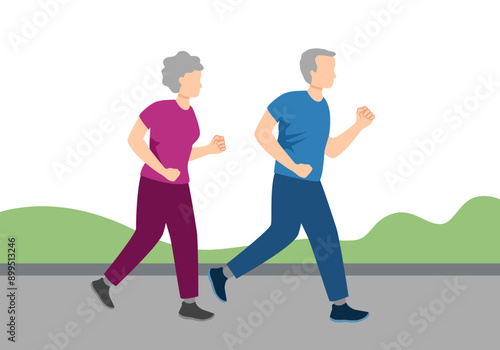 Happy elderly couple running at summer park vector flat illustration. Mature man and woman in sportswear having physical activity. Jogger pair practicing outdoor sport together.