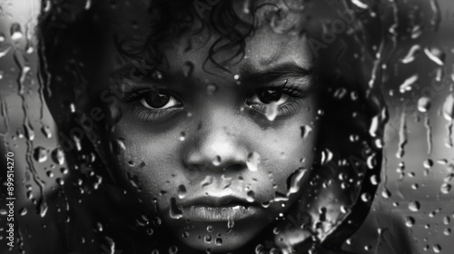 Black and white photography of a sad little boy looking through the window, raindrops on the glass, portrait, emotional expression, soft focus