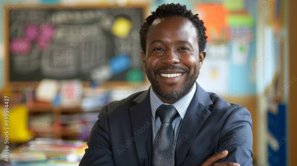 A confident teacher stands with arms crossed in a colorful classroom, ready to engage and educate students. A confident teacher stands with arms crossed in a colorful classroom, ready to engage and educate students.