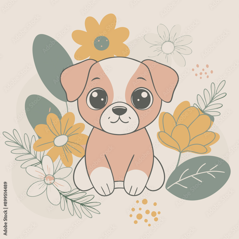 Cute Puppy Dog Vector Illustration with flower on background Cute Puppy Dog Vector Illustration with flower on background