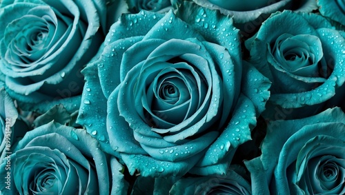 Close-up of teal roses with water droplets on petals