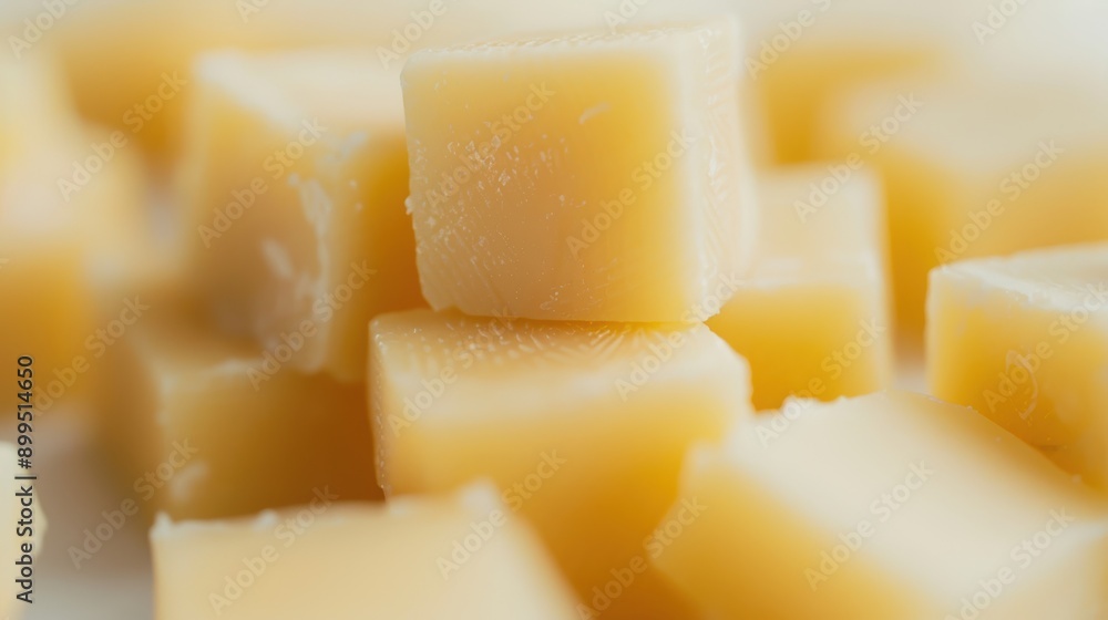 Close-up shot of cubed semi-hard cheese showcasing its visually appealing texture Close-up shot of cubed semi-hard cheese showcasing its visually appealing texture