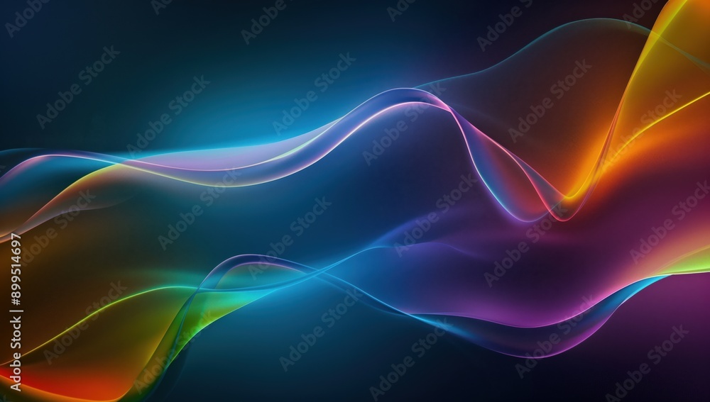 Naklejka premium Colorful abstract wavy gradient design with orange and purple hues, set against a dark background. Modern digital art perfect for wave background and themes of creativity, energy, and innovation