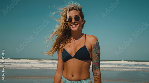 Woman With Long Hair Wearing Sunglasses Enjoying a Sunny Day at the Beach