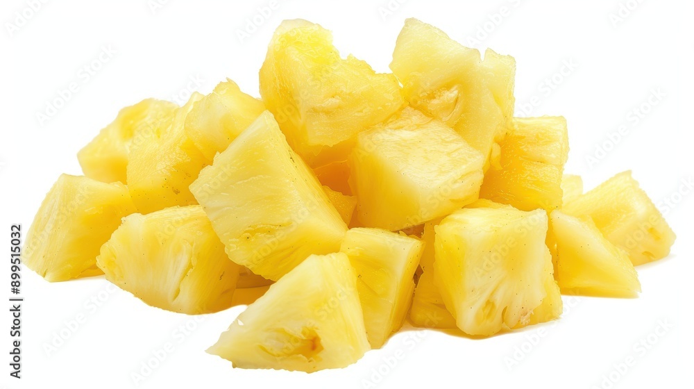 Delicious ripe pineapple being sliced into juicy cubes against a white background, great for nutritious snacks or desserts. Sweet, succulent, and full of tropical taste Delicious ripe pineapple being sliced into juicy cubes against a white background, great for nutritious snacks or desserts. Sweet, succulent, and full of tropical taste