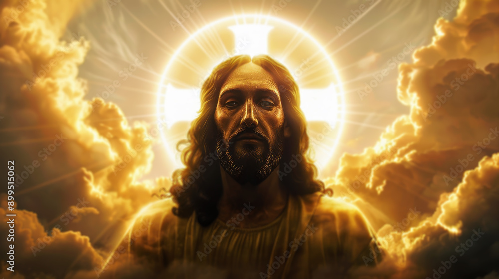 God Face Radiating Jesus Christ, clouds in the background, golden light radiating from his ...