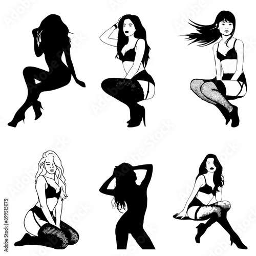 Silhouettes of young beautiful women in lingerie and stockings posing. Vector monochrome set of sketches in line art style