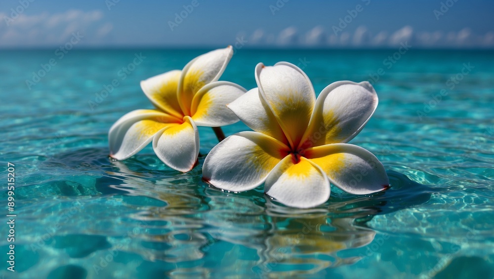 Plumeria flowers floating on clear water under blue sky. Plumeria flowers floating on clear water under blue sky.