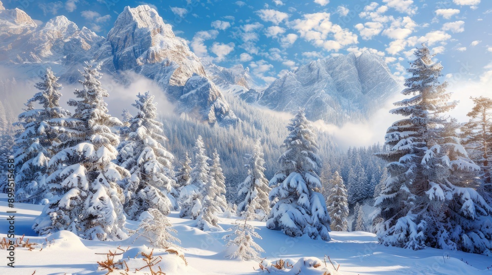 A snowy mountain range with trees covered in snow A snowy mountain range with trees covered in snow